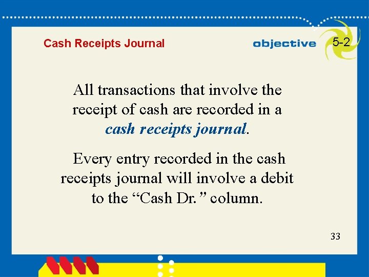 Cash Receipts Journal 5 -2 All transactions that involve the receipt of cash are