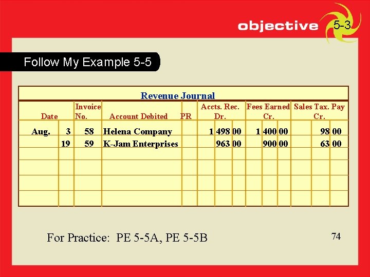 5 -3 Follow My Example 5 -5 Revenue Journal Invoice No. Date Aug. 3