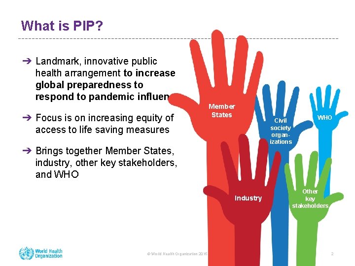What is PIP? ➔ Landmark, innovative public health arrangement to increase global preparedness to