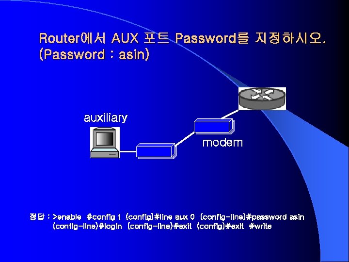 Router에서 AUX 포트 Password를 지정하시오. (Password : asin) auxiliary modem 정답 : >enable #config