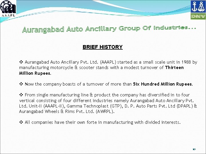 BRIEF HISTORY v Aurangabad Auto Ancillary Pvt. Ltd. (AAAPL) started as a small scale