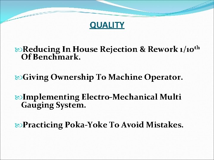 QUALITY Reducing In House Rejection & Rework 1/10 th Of Benchmark. Giving Ownership To