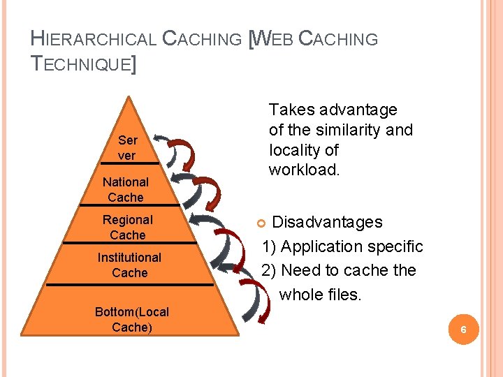 HIERARCHICAL CACHING [WEB CACHING TECHNIQUE] Takes advantage of the similarity and locality of workload.