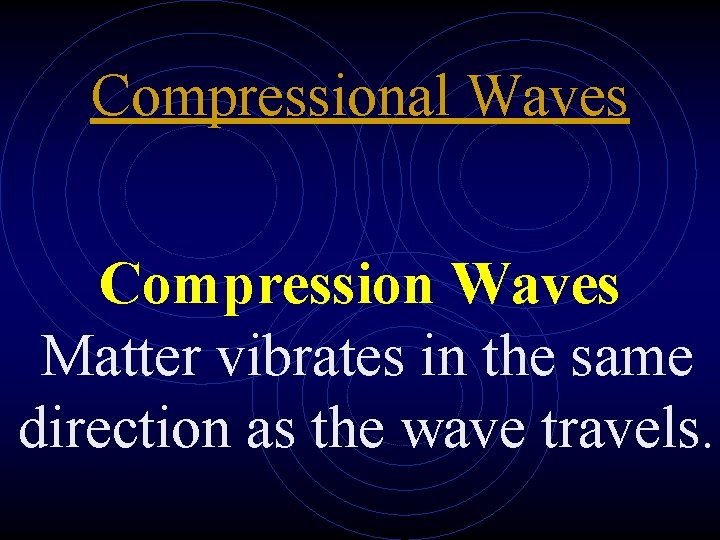 Compressional Waves Compression Waves Matter vibrates in the same direction as the wave travels.