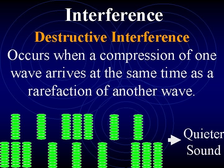 Interference Destructive Interference Occurs when a compression of one wave arrives at the same