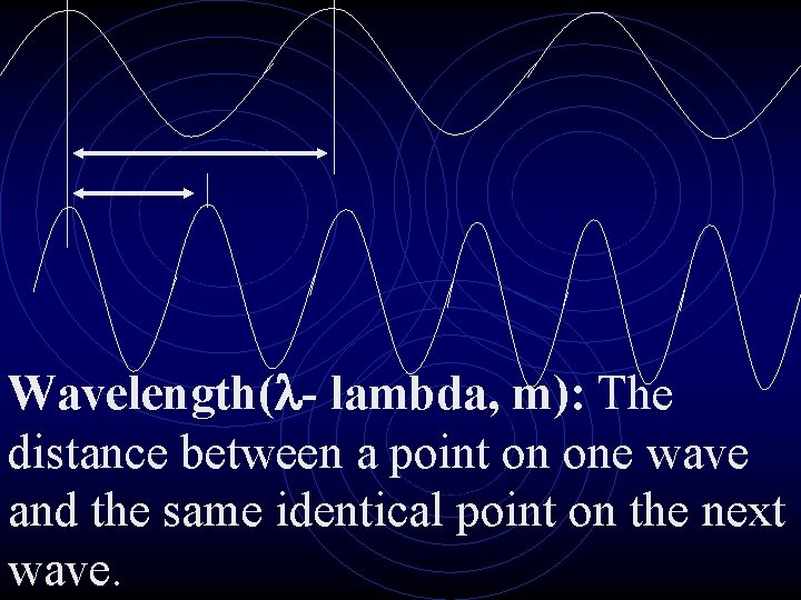 Wavelength( - lambda, m): The distance between a point on one wave and the