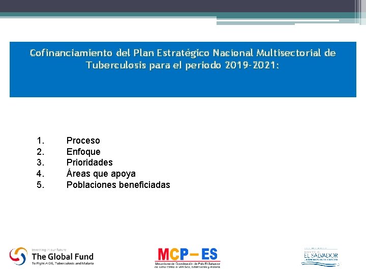 Cofinanciamiento del Plan Estratégico Nacional Multisectorial de Tuberculosis para el periodo 2019 -2021: 1.