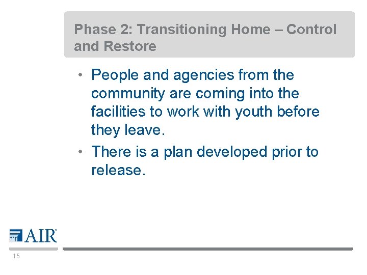 Phase 2: Transitioning Home – Control and Restore • People and agencies from the