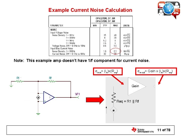 Example Current Noise Calculation Note: This example amp doesn’t have 1/f component for current