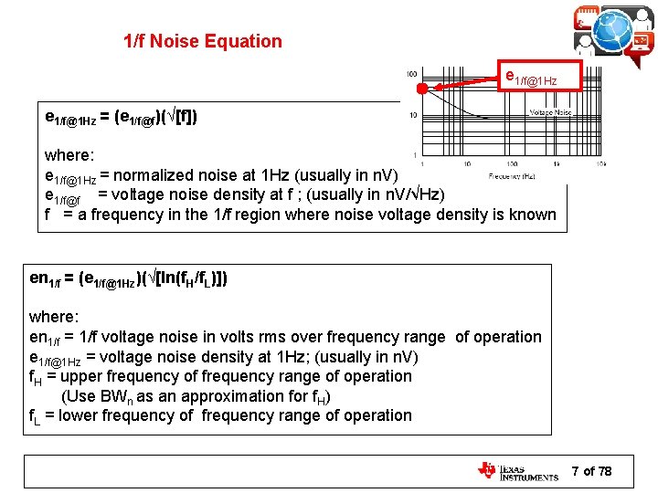 1/f Noise Equation e 1/f@1 Hz = (e 1/f@f)(√[f]) where: e 1/f@1 Hz =