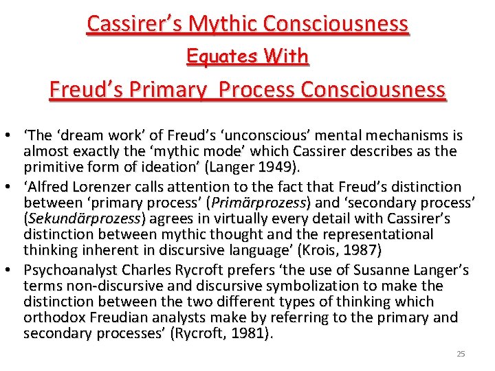 Cassirer’s Mythic Consciousness Equates With Freud’s Primary Process Consciousness • ‘The ‘dream work’ of