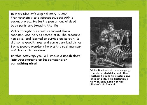 In Mary Shelley’s original story, Victor Frankenstein was a science student with a secret