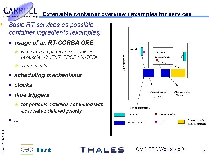 Extensible container overview / examples for services Basic RT services as possible container ingredients