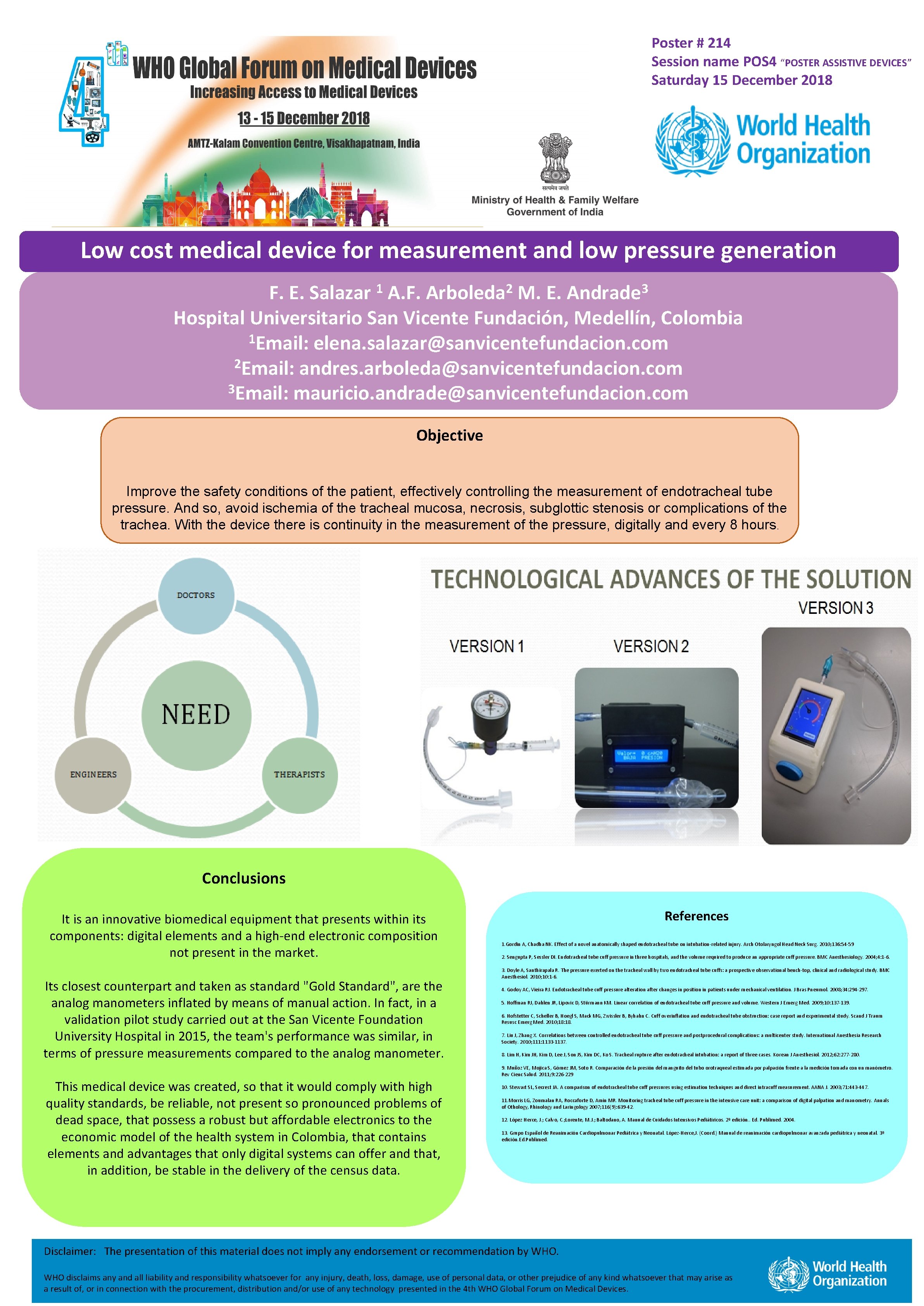 Poster # 214 Session name POS 4 “POSTER ASSISTIVE DEVICES” Saturday 15 December 2018
