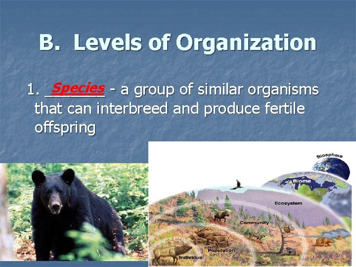 B. Levels of Organization Species - a group of similar organisms 1. _______ that