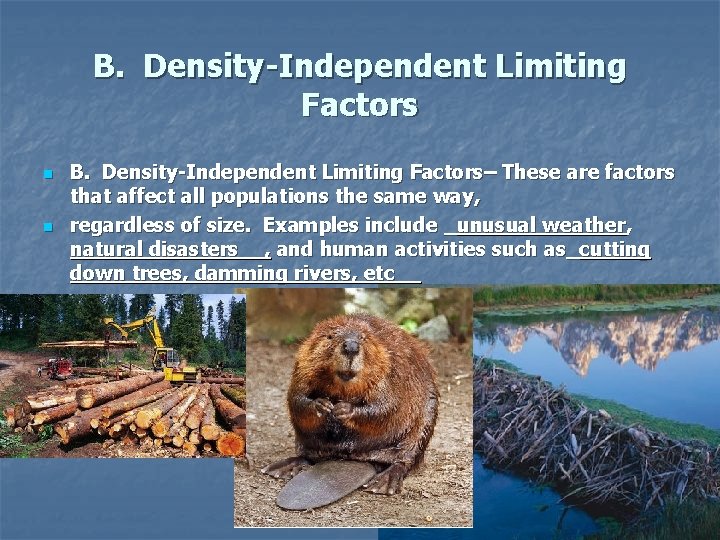 B. Density-Independent Limiting Factors n n B. Density-Independent Limiting Factors– These are factors that