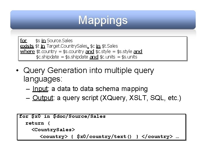 Mappings for $s in Source. Sales exists $t in Target. Country. Sales, $c in