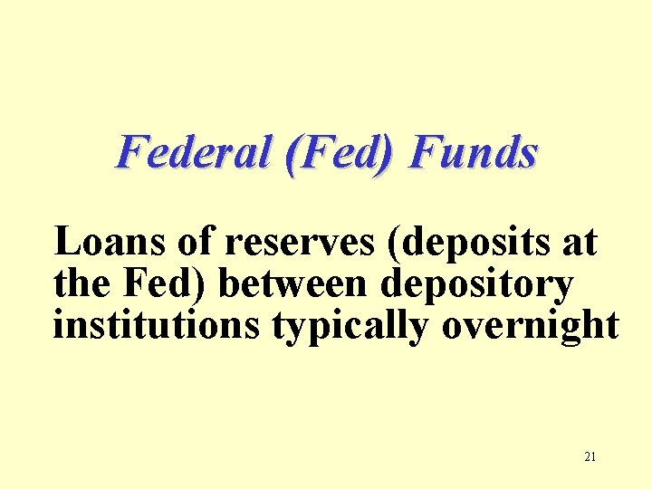 Federal (Fed) Funds Loans of reserves (deposits at the Fed) between depository institutions typically