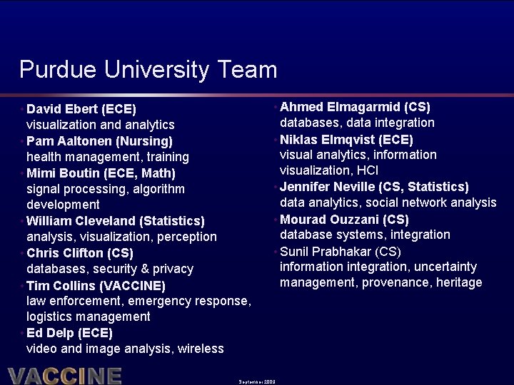 Purdue University Team • David Ebert (ECE) visualization and analytics • Pam Aaltonen (Nursing)