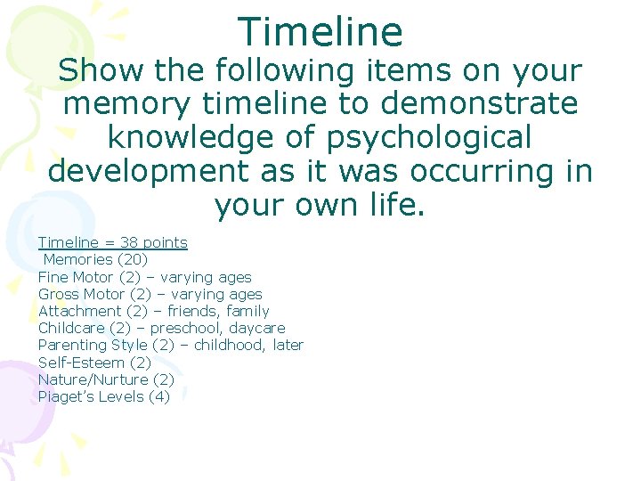 Timeline Show the following items on your memory timeline to demonstrate knowledge of psychological