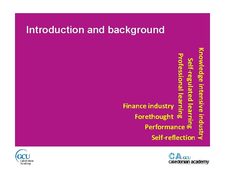 Introduction and background Knowledge intensive industry Self-regulated learning Professional learning Finance industry Forethought Performance