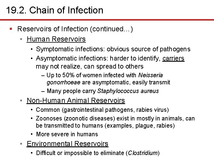 19. 2. Chain of Infection § Reservoirs of Infection (continued…) • Human Reservoirs •