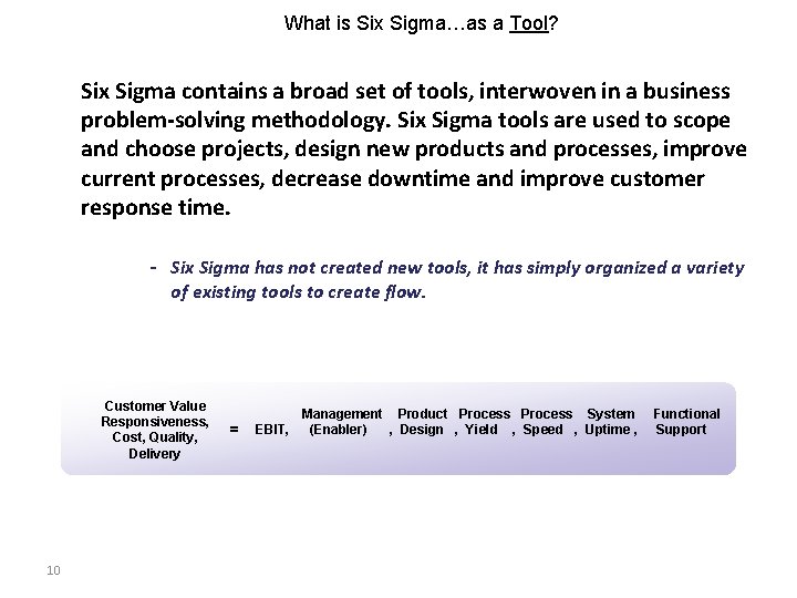 What is Six Sigma…as a Tool? Six Sigma contains a broad set of tools,