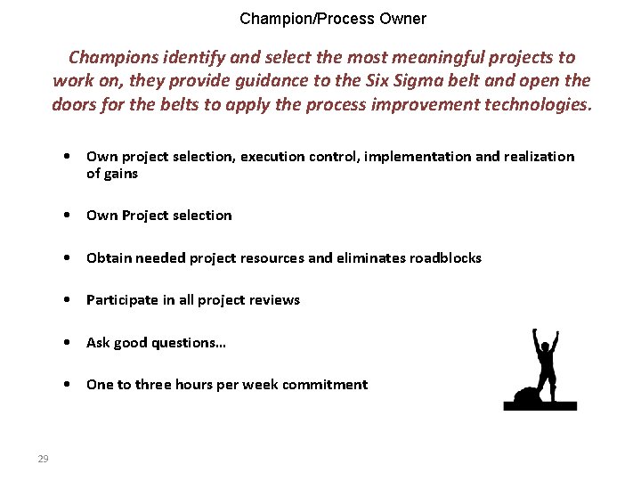 Champion/Process Owner Champions identify and select the most meaningful projects to work on, they