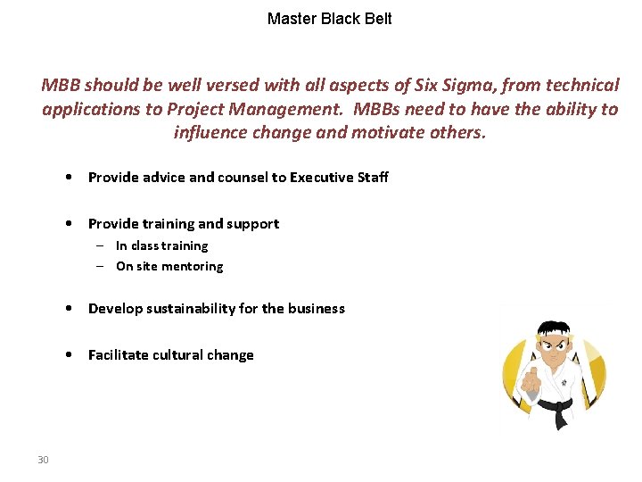 Master Black Belt MBB should be well versed with all aspects of Six Sigma,