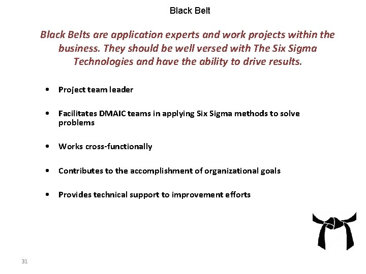 Black Belts are application experts and work projects within the business. They should be