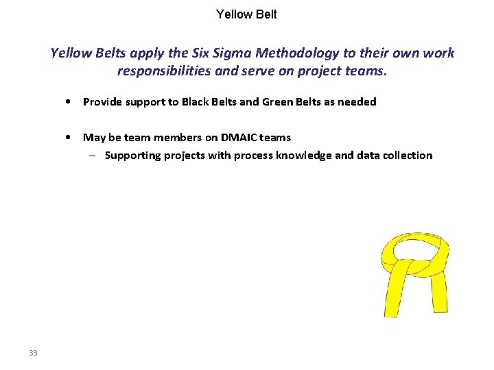 Yellow Belts apply the Six Sigma Methodology to their own work responsibilities and serve