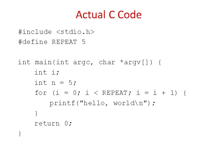 Actual C Code #include <stdio. h> #define REPEAT 5 int main(int argc, char *argv[])