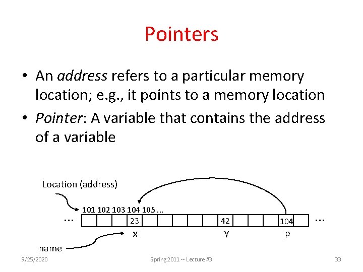 Pointers • An address refers to a particular memory location; e. g. , it