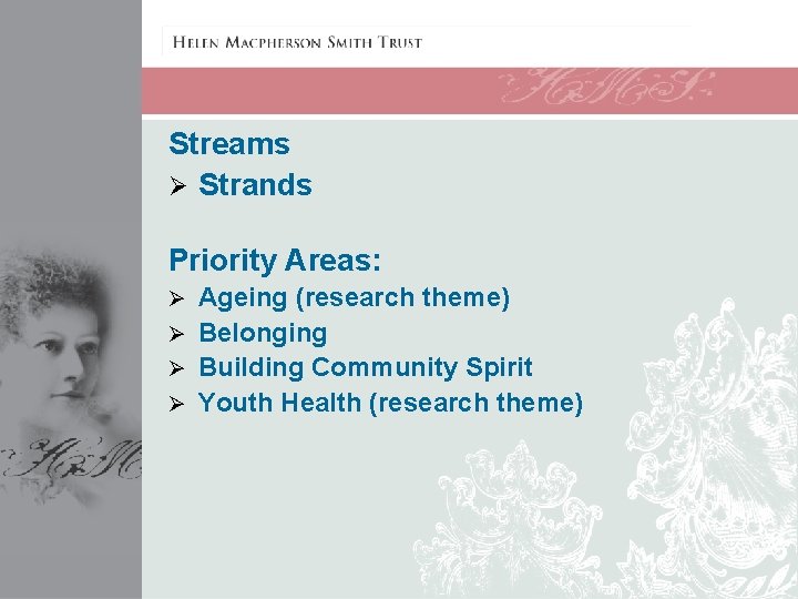 Streams Ø Strands Priority Areas: Ageing (research theme) Ø Belonging Ø Building Community Spirit