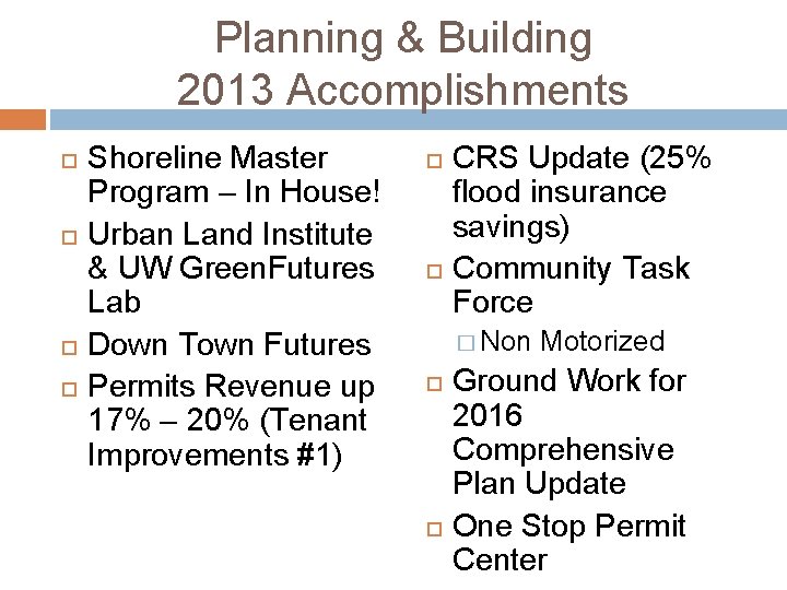 Planning & Building 2013 Accomplishments Shoreline Master Program – In House! Urban Land Institute