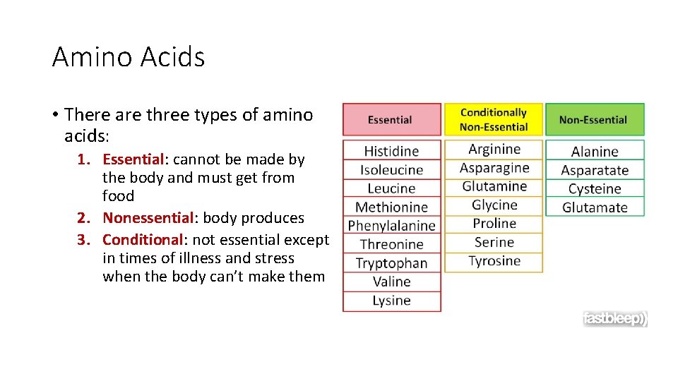 Amino Acids • There are three types of amino acids: 1. Essential: cannot be