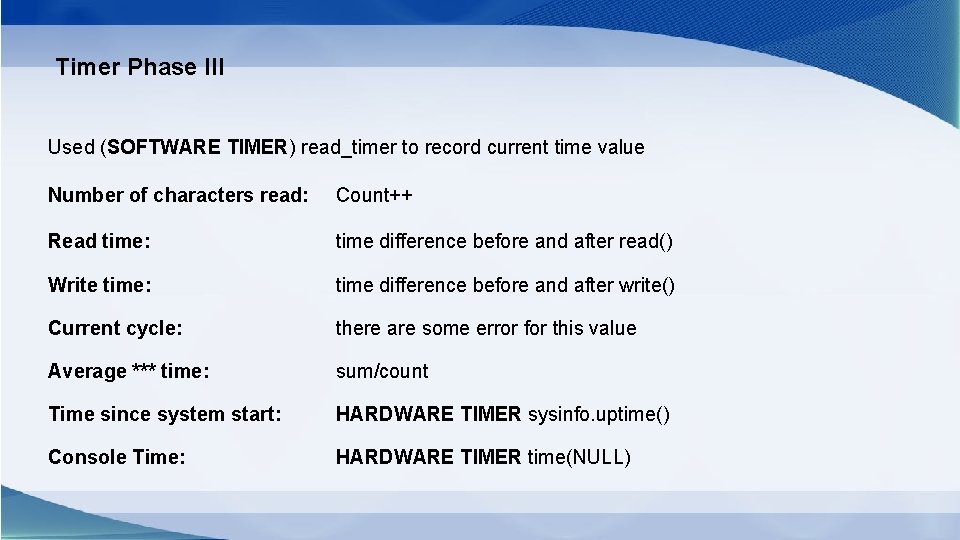 Timer Phase III Used (SOFTWARE TIMER) read_timer to record current time value Number of