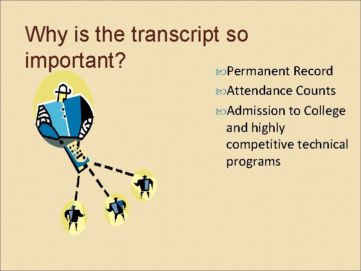 Why is the transcript so important? Permanent Record Attendance Counts Admission to College and