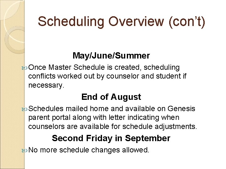 Scheduling Overview (con’t) May/June/Summer Once Master Schedule is created, scheduling conflicts worked out by