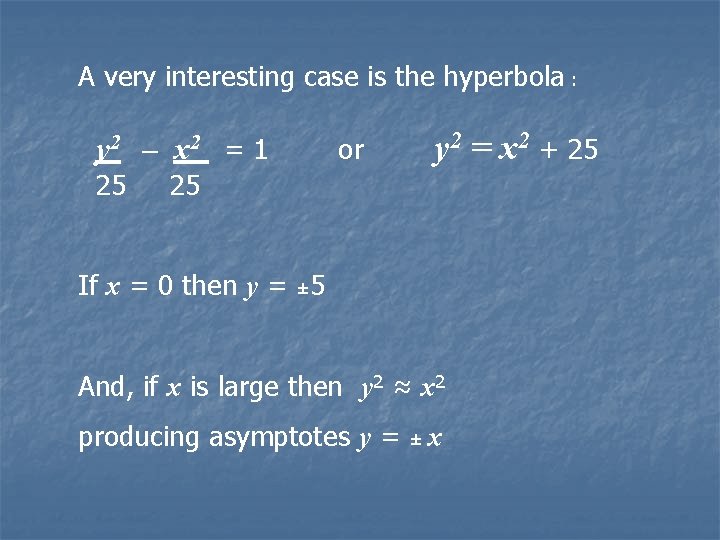 A very interesting case is the hyperbola : y 2 – x 2 =