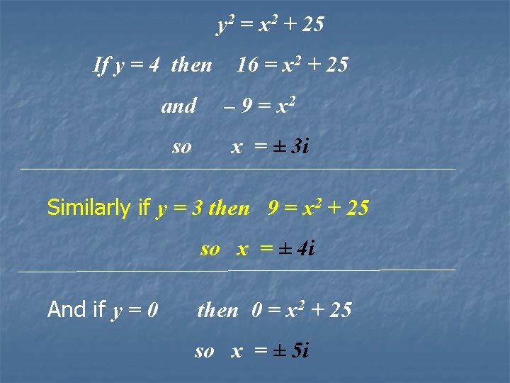  y 2 = x 2 + 25 If y = 4 then 16