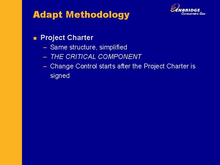 Adapt Methodology n Project Charter – Same structure, simplified – THE CRITICAL COMPONENT –
