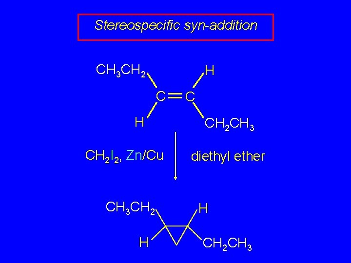 Stereospecific syn-addition CH 3 CH 2 H CH 2 I 2, Zn/Cu CH 3