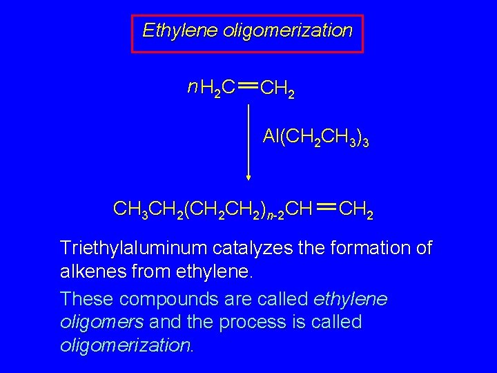 Ethylene oligomerization n H 2 C CH 2 Al(CH 2 CH 3)3 CH 3