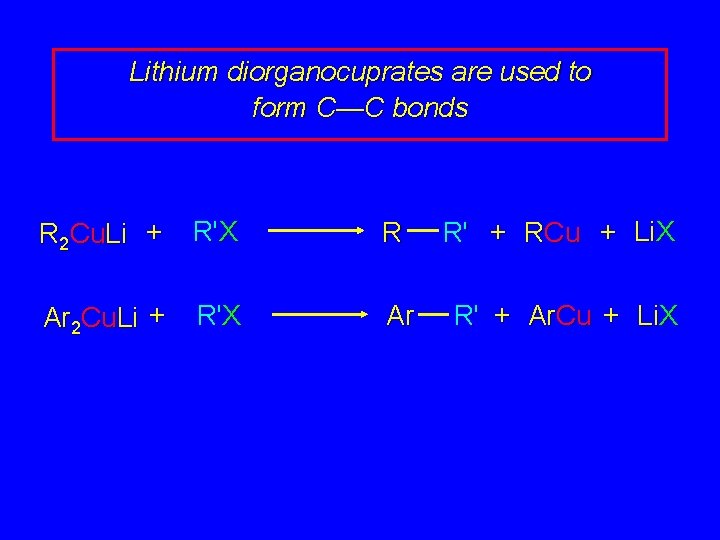 Lithium diorganocuprates are used to form C—C bonds R 2 Cu. Li + R'X