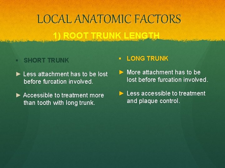 LOCAL ANATOMIC FACTORS 1) ROOT TRUNK LENGTH SHORT TRUNK LONG TRUNK ► Less attachment