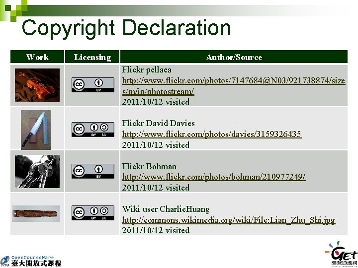 Copyright Declaration Work Licensing Author/Source Flickr pellaea http: //www. flickr. com/photos/7147684@N 03/921738874/size s/m/in/photostream/ 2011/10/12