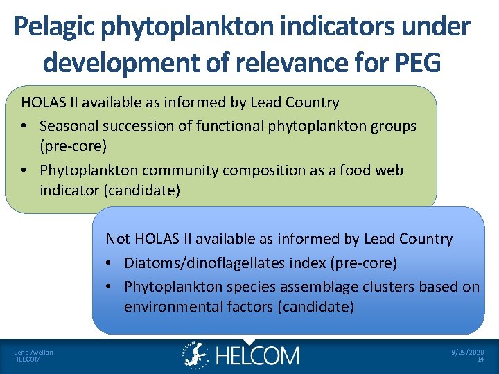 Pelagic phytoplankton indicators under development of relevance for PEG HOLAS II available as informed