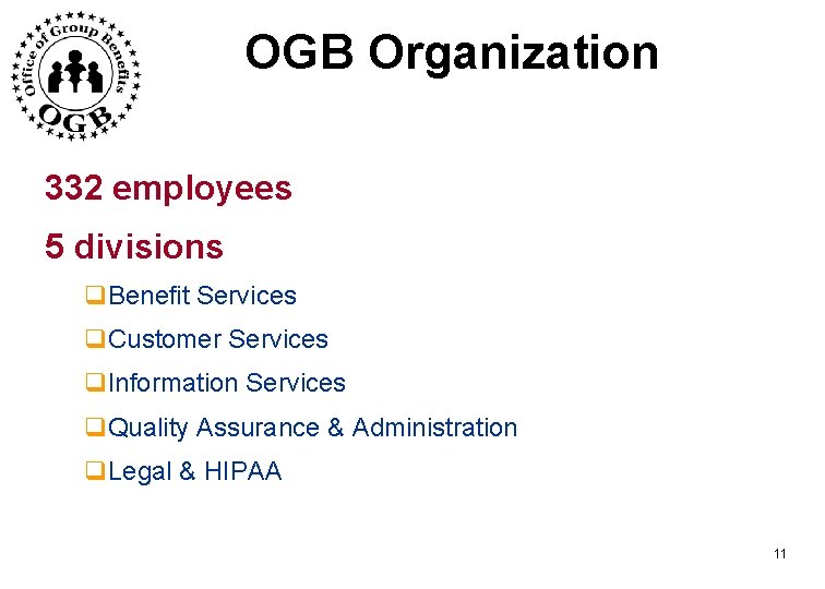 OGB Organization 332 employees 5 divisions q. Benefit Services q. Customer Services q. Information