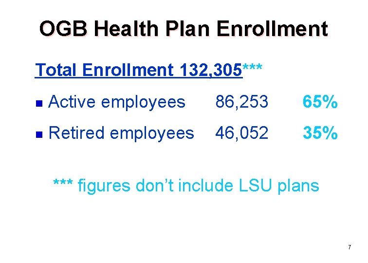 OGB Health Plan Enrollment Total Enrollment 132, 305*** n Active employees 86, 253 65%